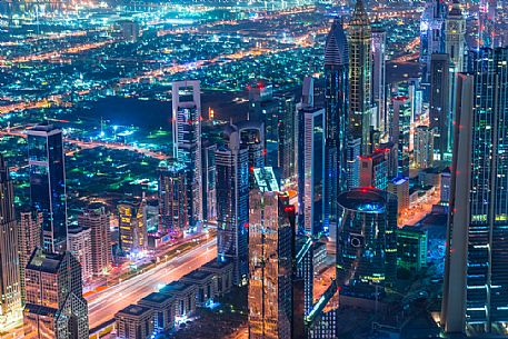 View from the top panoramic platform on Burj Khalifa across Sheikh Zayed Road in the nigh, Downtown Dubai, Emirate of Dubai, UAE, Asia