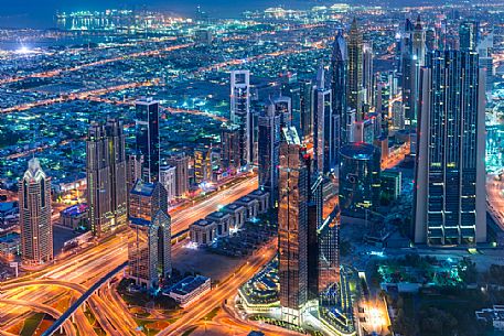 View from the top panoramic platform on Burj Khalifa across Sheikh Zayed Road in the nigh, Downtown Dubai, Emirate of Dubai, UAE, Asia