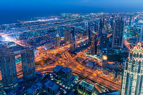 View from the top panoramic platform on Burj Khalifa across Sheikh Zayed Road in the nigh, Downtown Dubai, Emirate of Dubai, UAE, Asia