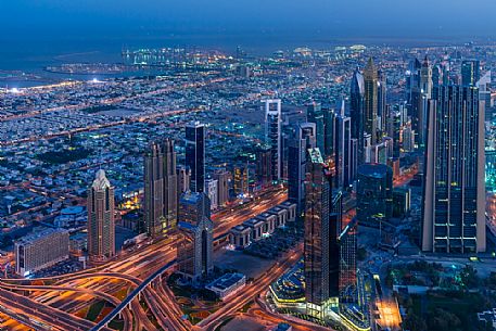 View from the top panoramic platform on Burj Khalifa across Sheikh Zayed Road in the nigh, Downtown Dubai, Emirate of Dubai, UAE, Asia