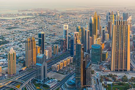 Sunrise from the top panoramic platform on Burj Khalifa across Sheikh Zayed Road and the high rises, Downtown Dubai, Emirate of Dubai, UAE, Asia Sunrise from the top panoramic platform on Burj Khalifa across Sheikh Zayed Road and the high rises, Downtown Dubai, Emirate of Dubai, UAE, Asia