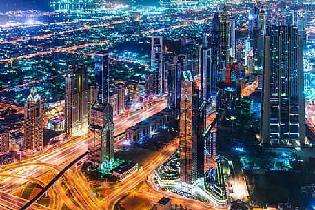 View from the top panoramic platform on Burj Khalifa across Sheikh Zayed Road in the nigh, Downtown Dubai, Emirate of Dubai, UAE, Asia