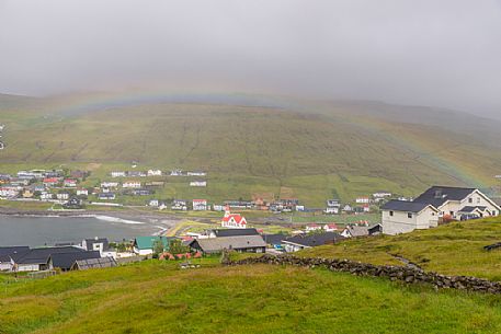 View of Sandavgur village, Vagar island, Faroe islands, Denmark, Europe