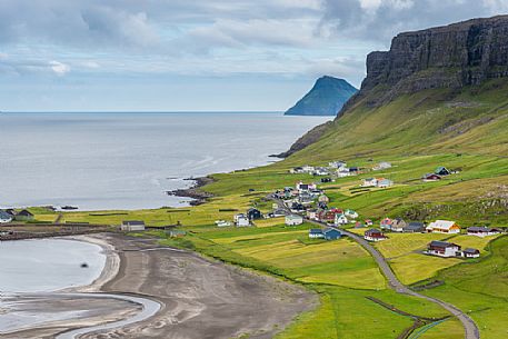 View from above of Hvalba village, Suđuroy Island, Faeroe islands, Denmark, Europe View from above of Hvalba village, Suđuroy Island, Faeroe islands, Denmark, Europe