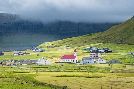 Hvalba village with the small church, Suuroy Island, Faeroe islands, Denmark, Europe