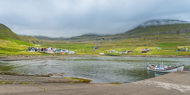 Panoramic view of Fámjin Village, Suouroy island, Faeroe Islands, Denmark, Europe Panoramic view of Fámjin Village, Suouroy island, Faeroe Islands, Denmark, Europe