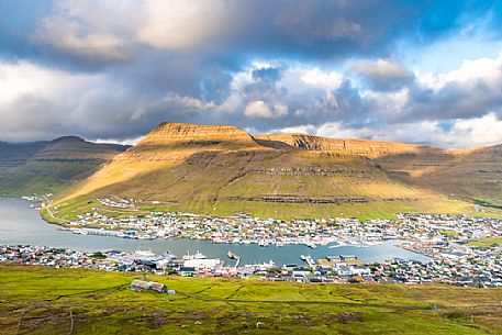 Tre Klaksvik fishing village from Klakkur viewpoint, Bordoy Island, Faeroe islands, Denmark, Europe