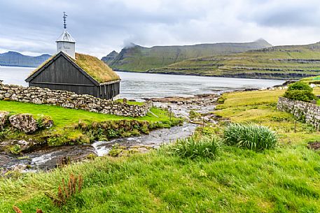 Traditonal wooden church, Funningur, Eysturoy, Faeroe Islands, Denmark, Europe