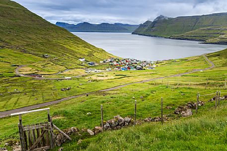 Above view of Funningur village, Eysturoy Island, Faeroe islands, Denmark, Europe