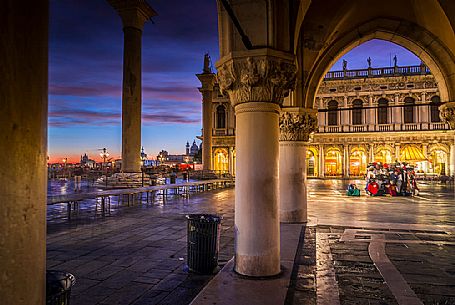 Marciana Library and the columns of San Todaro and San Marco in San Marco square, Venice, Italy, Europe