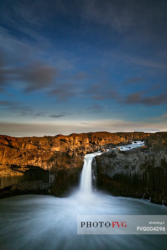 Aldeyjarfoss waterfall in the moonlight