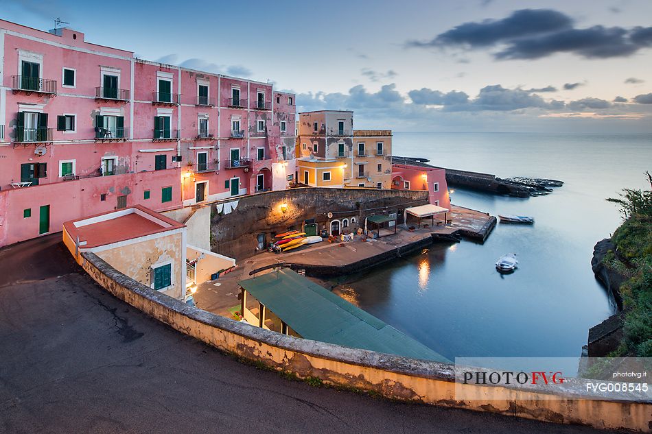 Old houses and roman harbor in Ventotene in the twilight