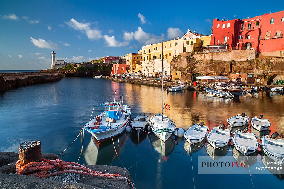 Old houses and roman harbor in Ventotene in the early morning