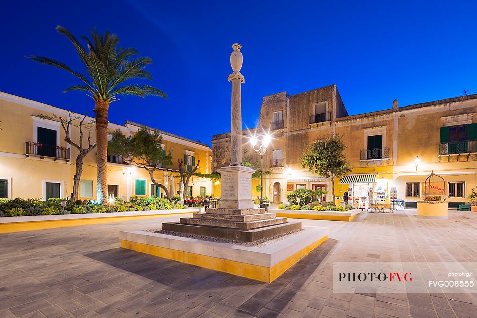 Old houses in the central square of Ventotene in the twilight