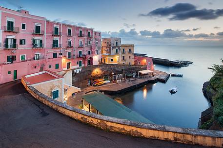 Old houses and roman harbor in Ventotene in the twilight