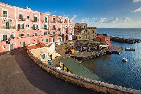 Old houses and roman harbor in Ventotene in the early morning