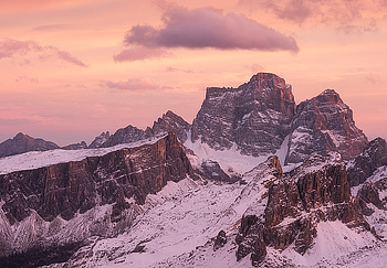 View from Lagazuoi towards Monte Pelmo at sunset, Cortina d'Ampezzo, dolomites, Italy