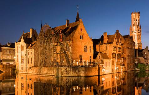 A characteristic canal in the old town at twilight, Bruges, Belgium