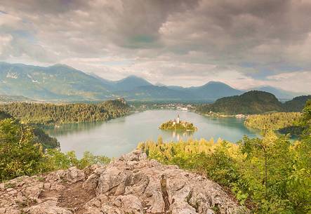 View from above of Bled lake with Bled Island and the Church of the Assumption, Slovenia