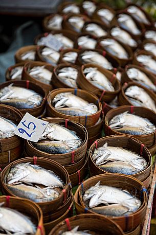 Fresh mackerels in Maeklong railway market, the famous railway market in Bangkok, Thailand
