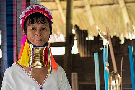 Portrait of long neck Karen hilltribe, long neck woman in Chiang Rai, Thailand