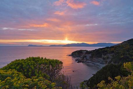 A colorful sunset is the backdrop to Cape Teulada in southern Sardinia, Portu Malu, Sulcis-Iglesiente, Sardinia, Italy