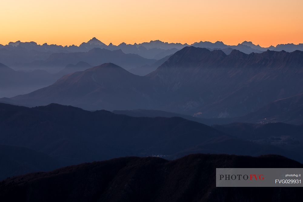 Nighfall from Mount Matajur towards Julian Alps, Friuli Venezia Giulia, Italy