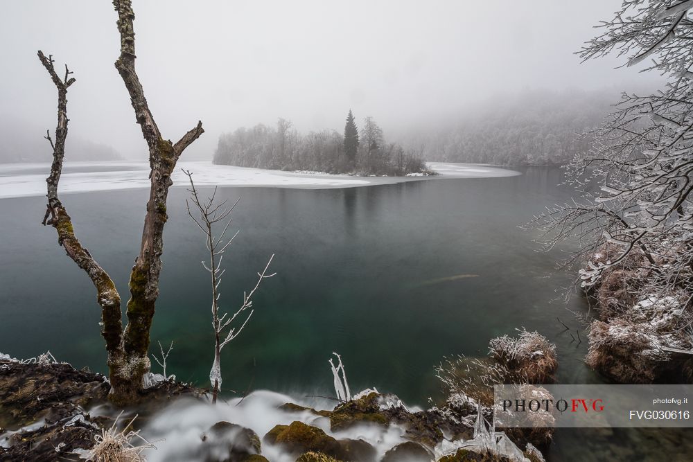 Winter landscape in Plitvice Lakes National Park, Lika-Senj County, Karlovac County, Croatia.