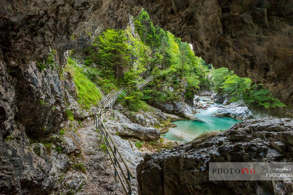 Path in the Slizza gorge or Orrido dello Slizza ,Julian Alps, Tarvisio, Friuli Venezia Giulia, Italy.