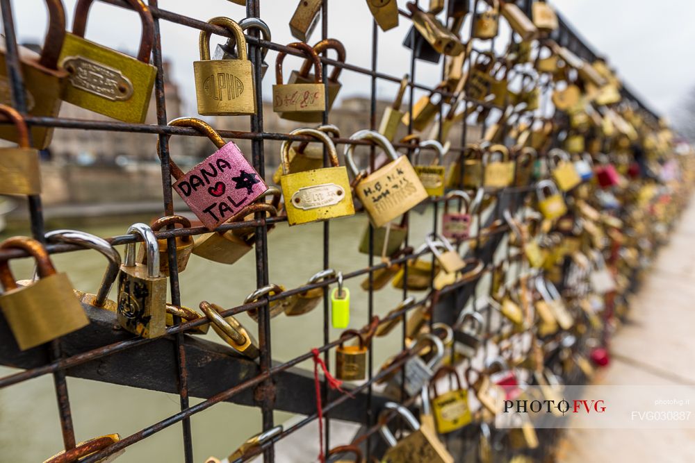 Love locks hanging in the Pont Neuf, Ile de la Cite, Paris, France.