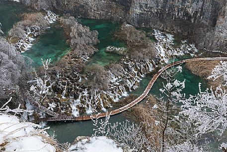 Aereal view of the winter path in Plitvice Lakes National Park, Lika-Senj County, Karlovac County, Croatia.