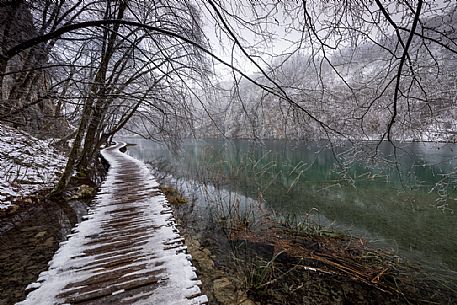 Winter path in Plitvice Lakes National Park, Lika-Senj County, Karlovac County, Croatia.