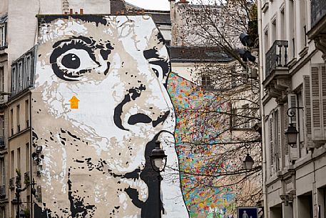 Street art mural representing Salvador Dali on Place Igor Stravinsky near the Centre Georges Pompidou museum, Beaubourg, Paris, France.