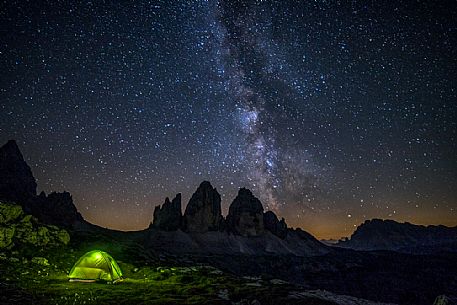 Sleeping under the milky way at the Tre Cime di Lavaredo, Sexten Dolomites,Trentino Alto Adige, Italy