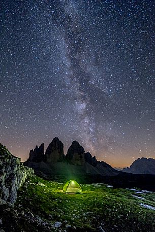 Sleeping under the milky way at the Tre Cime di Lavaredo, Sexten Dolomites,Trentino Alto Adige, Italy