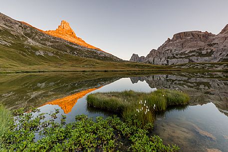 Sunrise at The Laghi dei Piani lake near Tre Cime di Lavaredo peak, Sexten Dolomites, Tre Cime natural park, Italy