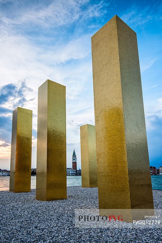 The Sky Over Nine Columns, sculpture of  Heinz Mack, and in the background the Campanile di San Marco bell tower, San Giorgio island, Venice, Italy, Europe