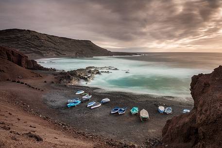 Sunset of the small marina of El Golfo, Lanzarote, Canary islands, Spain, Europe