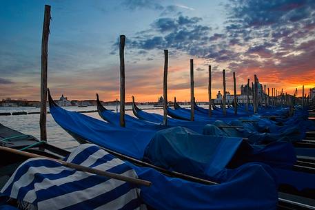 Gondolas near San Marco's square, in the background the San Giorgio Maggiore Basilica, Venice, Veneto, Italy, Europe