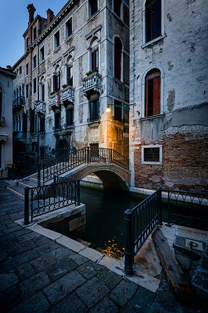 View of bridge and calle in Venice at twilight, Venice, Italy, Europe