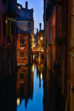 Bridge reflection in the blue hour, Venice, Veneto, Italy, Europe