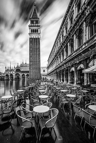 View of Campanile San Marco bell tower with high water, San Marco square, Venice, Veneto, Italy, Europe