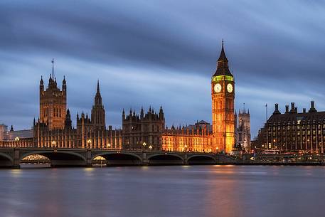 The Big Ben Tower and Westminster Palace or Houses of Parliament at twilight, London, England, United Kingdom, Europe