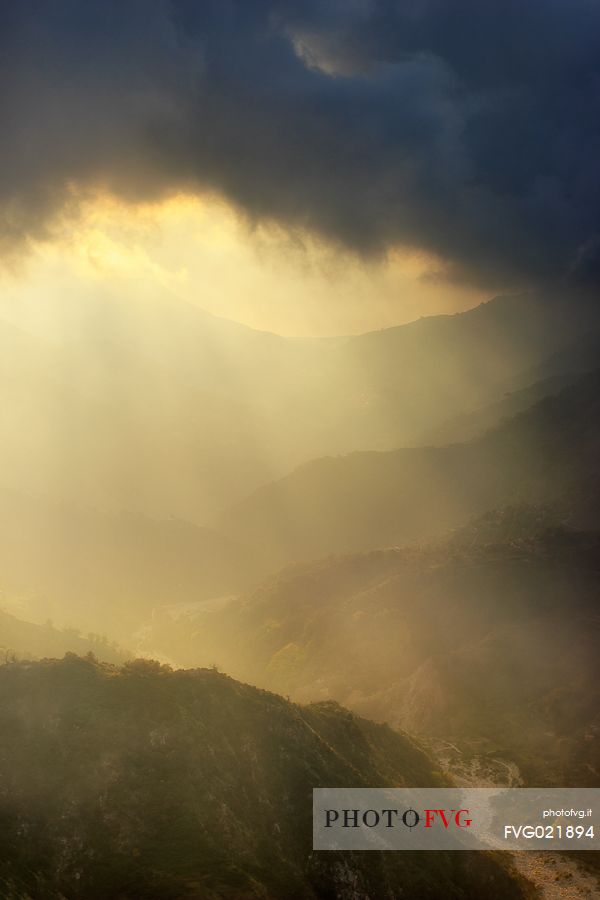 Sunset on Fiumara Sant'Agata in a foggy day, Aspromonte national park, Calabria, Italy