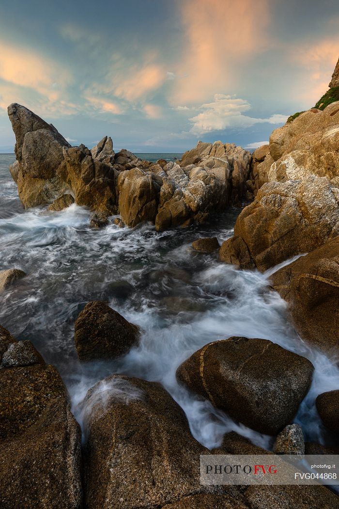 The Briatico rocks photographed at sunset, Costa degli Dei, Sant'Eufemia gulf, Vibo Valentia, Calabria, Italy, Europe