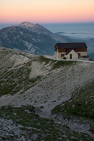 Duca degli Abruzzi Refuge at sunset, Gran Sasso d'Italia, Gran Sasso and monti della Laga national park, apennines, Abruzzo,  Italy, Europe