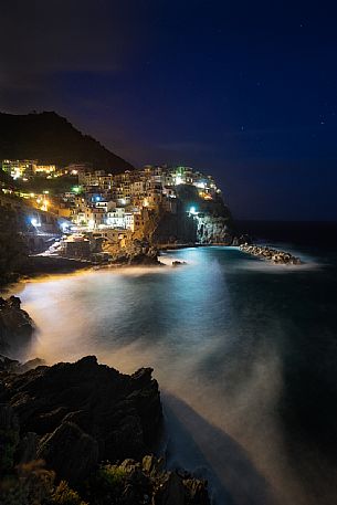 The village of Manarola by night, Cinque Terre, Liguria, Italy, Europe