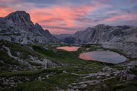 The Piani lakes at sunset, Tre Cime natural park, dolomites, Italy, Europe