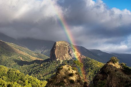Pietra Cappa rock and rainbow, Aspromonte national park, Calabria, Italy, Europe