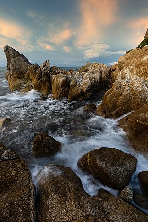 The Briatico rocks photographed at sunset, Costa degli Dei, Sant'Eufemia gulf, Vibo Valentia, Calabria, Italy, Europe